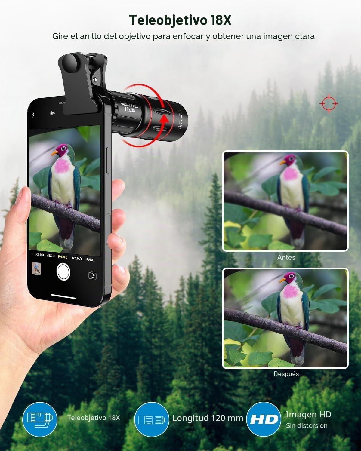 Apexel 18x Kit de Lentes telefoto (Lente Ancha 0.63x y Lente Macro 15x, Ojo de pez a 198 °, trípode Flexible para iPhone y Samsung) Black