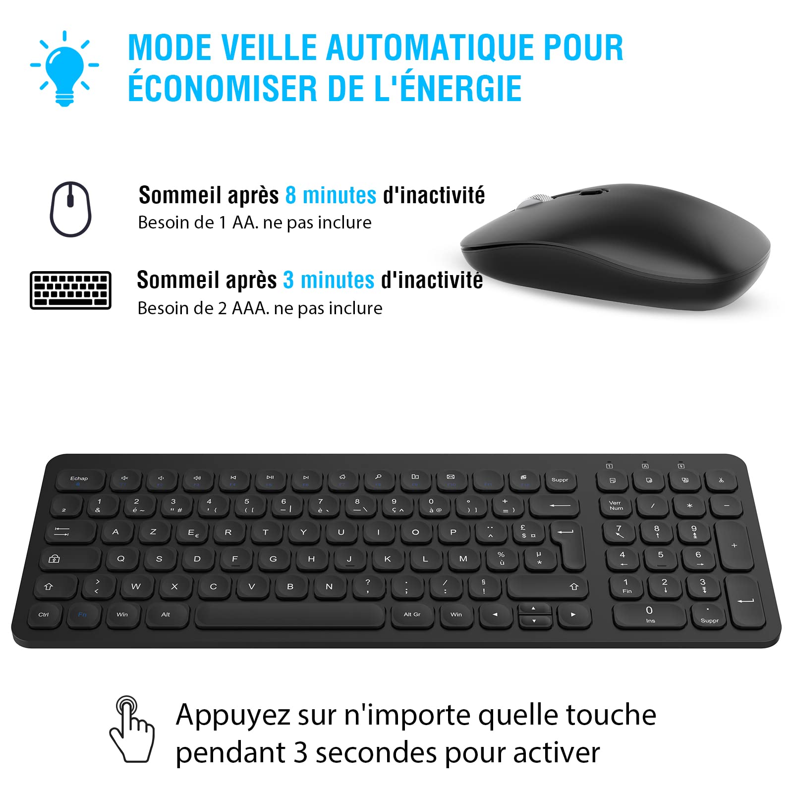 Ensemble Clavier et Souris sans Fil, PINKCAT Claiver AZERTY Français, Pack Clavier et Souris, Set Silencieux avec Récepteur Nano USB 2.4GHz, Compatible avec Windows/MacOS, Windows PC Laptop - Noir