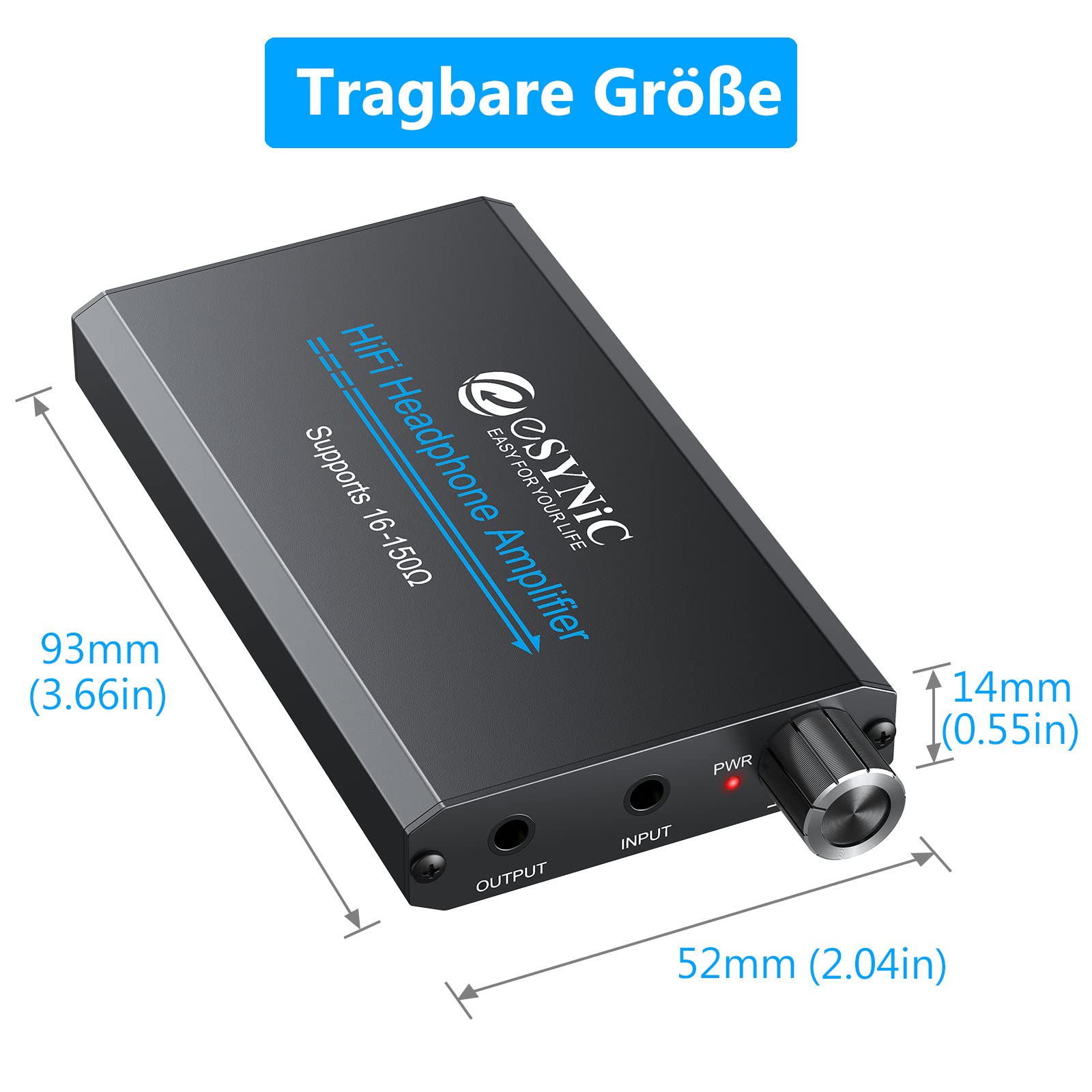 eSynic HiFi Kopfhörer Verstärker – 16-150Ω Mini Kopfhörer Amp Audio Verstärker, 3.5mm AUX Eingang, 1000mAh Akku, tragbar, Aluminium Gehäuse, für MP3, MP4, Smartphone und PC