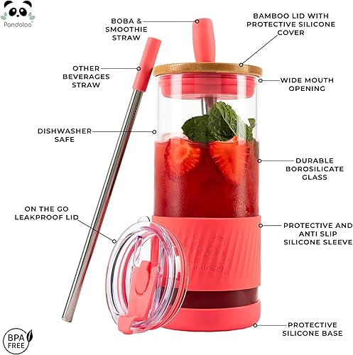 Miniatura 2 de Vasos de vidrio con tapas y pajitas, 20 onzas líquidas, taza de café helado, taza para batido con tapa de bambú y tapa sobre la marcha, vaso de