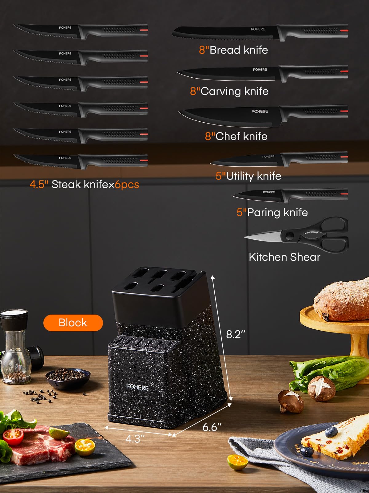 Couteaux de Cuisine avec Bloc, FOHERE 13 Pièces Couteaux de Table en Acier Inoxydable avec Affûteur Intégré, Bloc de Couteaux Professionnel avec Support,Granit Noir