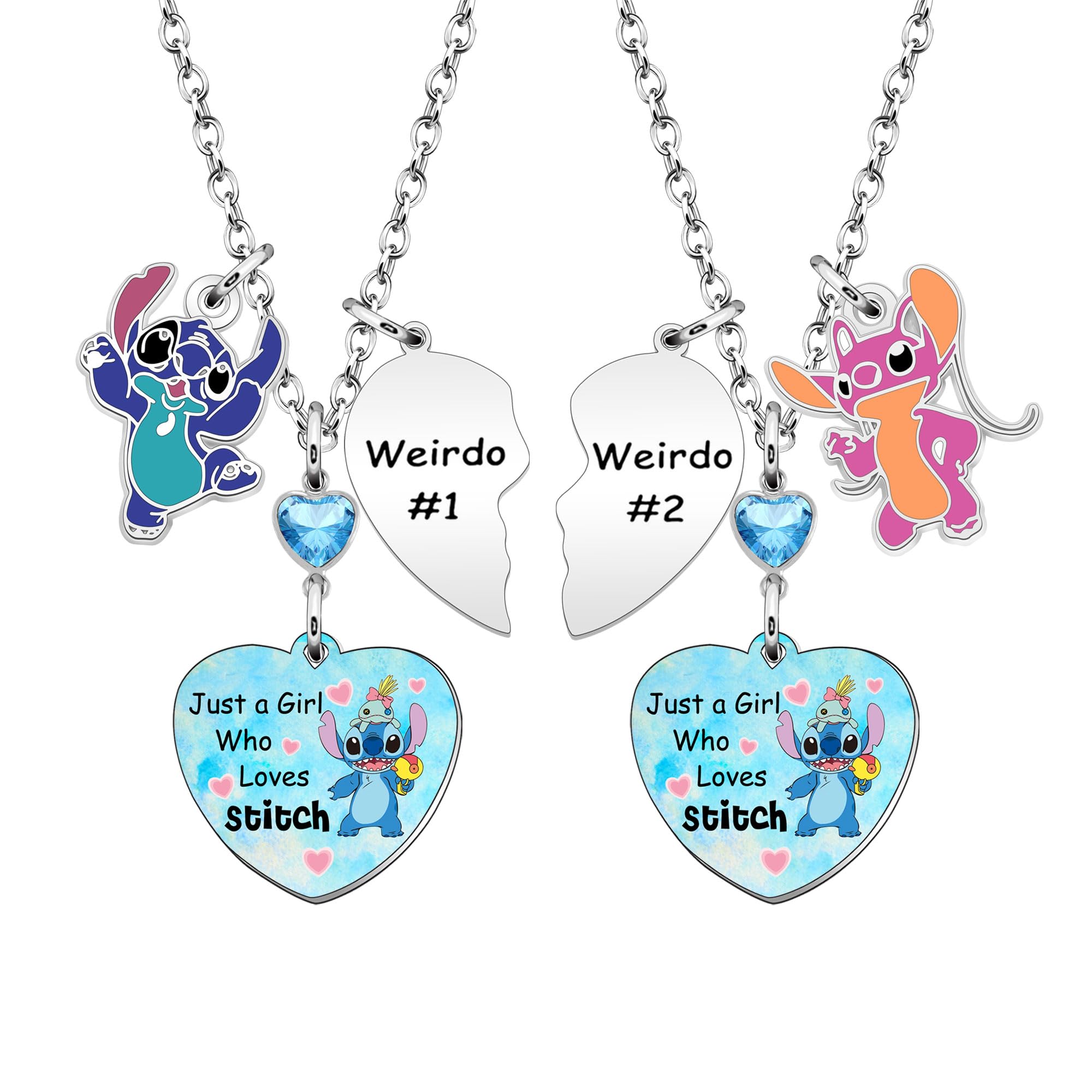 KENYG 2PCS Just A Girl Who Loves Stitch Weirdo#1 Weirdo#2 Stitch Pendant Necklace for Girls,Heart Shape Pendant Necklace to Daughter Sisters Friends Birthday Graduation Christmas Gift