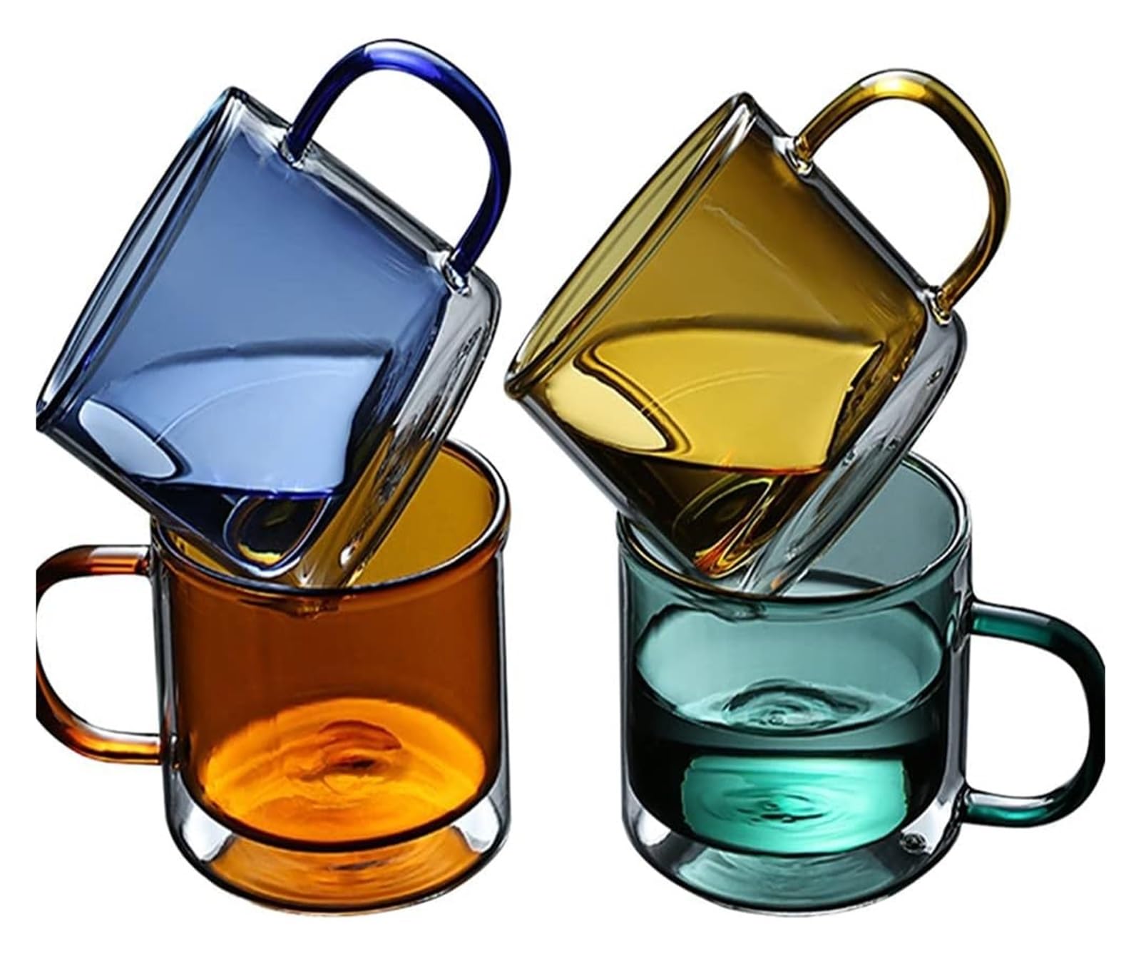 Doppelwandiges Kaffeetassen-Set aus Glas mit Henkel, wiederverwendbare isolierte Kaffeetasse, farbige Trinkgläser, Weingläser, Glasgeschirr, Trinkgläser, Teetasse, 250 ml/9 oz(Four Piece Set)