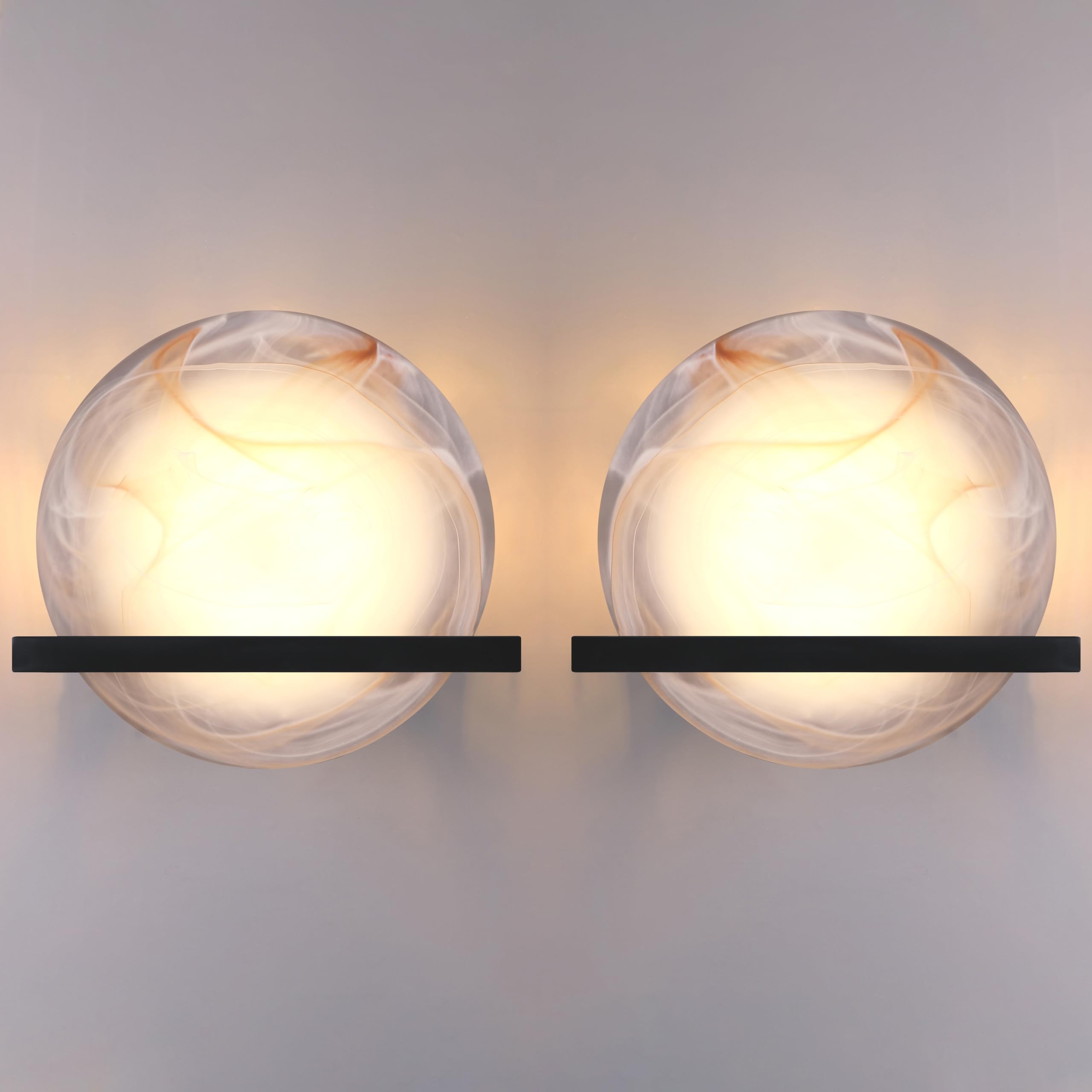 10" Round Frosted Red Glass Bathroom Wall Sconce Concise Style 2 Pack 2 Light Wall Light Fixture,Black Finish for Bedroom Hallway Bedside Living Room