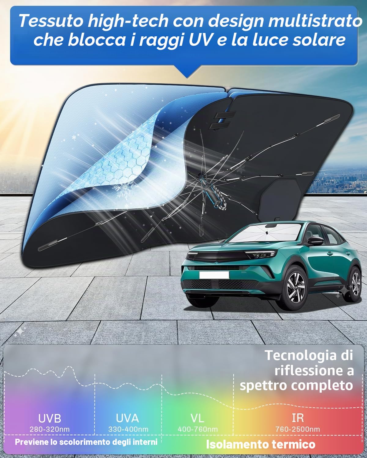 SHAOHAO Compatibile con Opel Mokka B/Opel Mokka E 2021-2026 Parasole per auto Parasole per parabrezza Facile da riporre Maniglia con cordino Protezione UV Accessori parasole