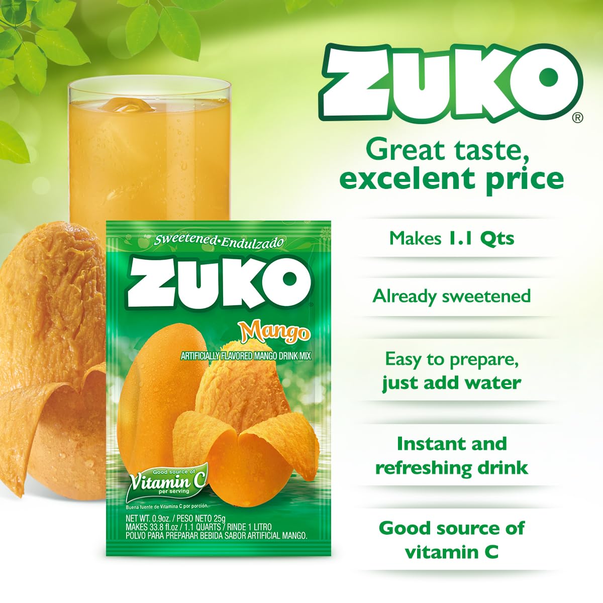 Zuko Mango Powdered Drink Mix, No Added Sugar Needed, 48 Ct Individual Packets