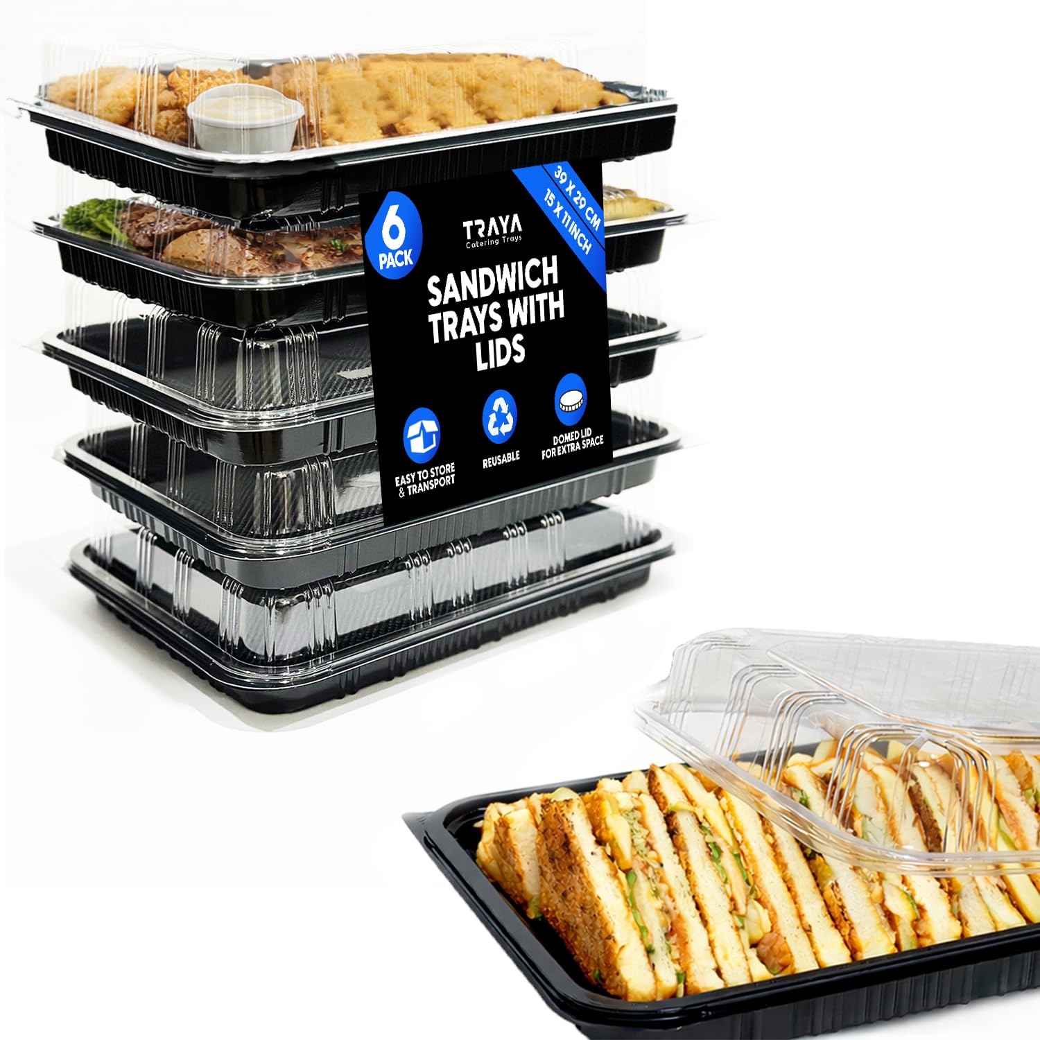 Traya Black/Clear Pack Of 6 Reusable Sandwich Platter Trays With Lids - Reusable Plastic Catering Trays With Lids For Meal Prep, Cakes, Treats And Sandwiches (39Cm X 29Cm X 7.5Cm)