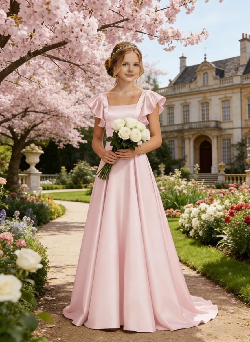 Maxianever Junior Bridesmaid Dress for Wedding Satin Ruffle Sleeve A-Line Formal Gown for Teen Girls