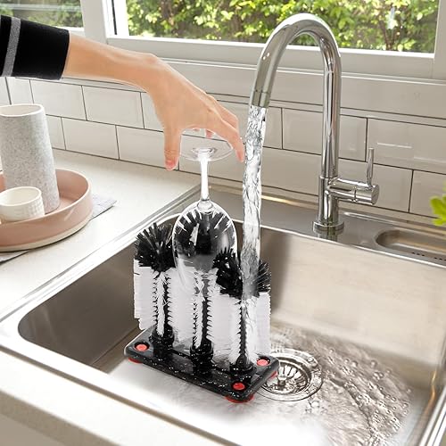 Miniatura 7 de Yesland Cepillo de limpieza de botellas de agua con base de succión, limpiador de cerdas de vidrio extraíble de 3 cabezales para taza de pierna