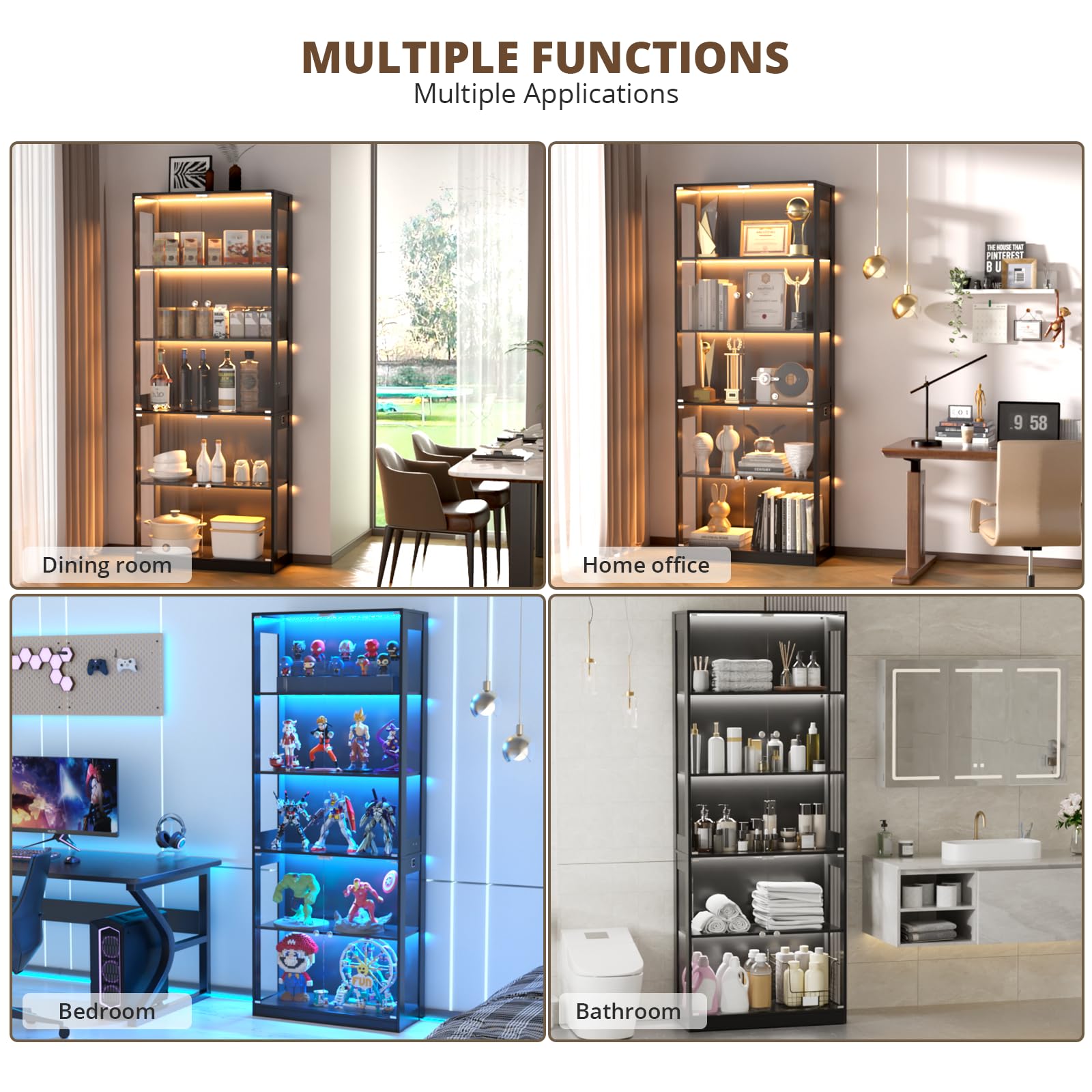 VOWNER 5-Lagen LED Vitrine mit Glastür, Vitrinenschrank mit 3-farbige Beleuchtung Bewegungssensor, Glasvitrine für Sammlerstücke, Bücherregal für Wohnzimmer, Schlafzimmer (Schwarz, 5 Einlegeböden)