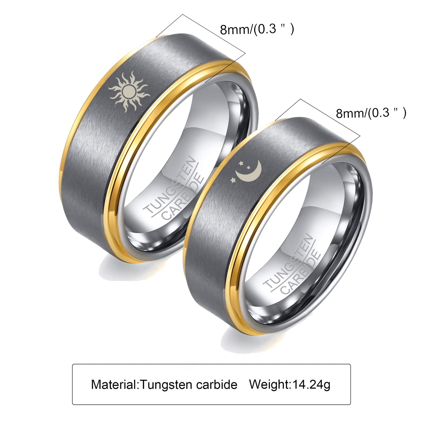 Gualiy Bague Mariage Tungstène Couple 8MM Lune et Soleil Bagues Mariage Homme Taille 54-67