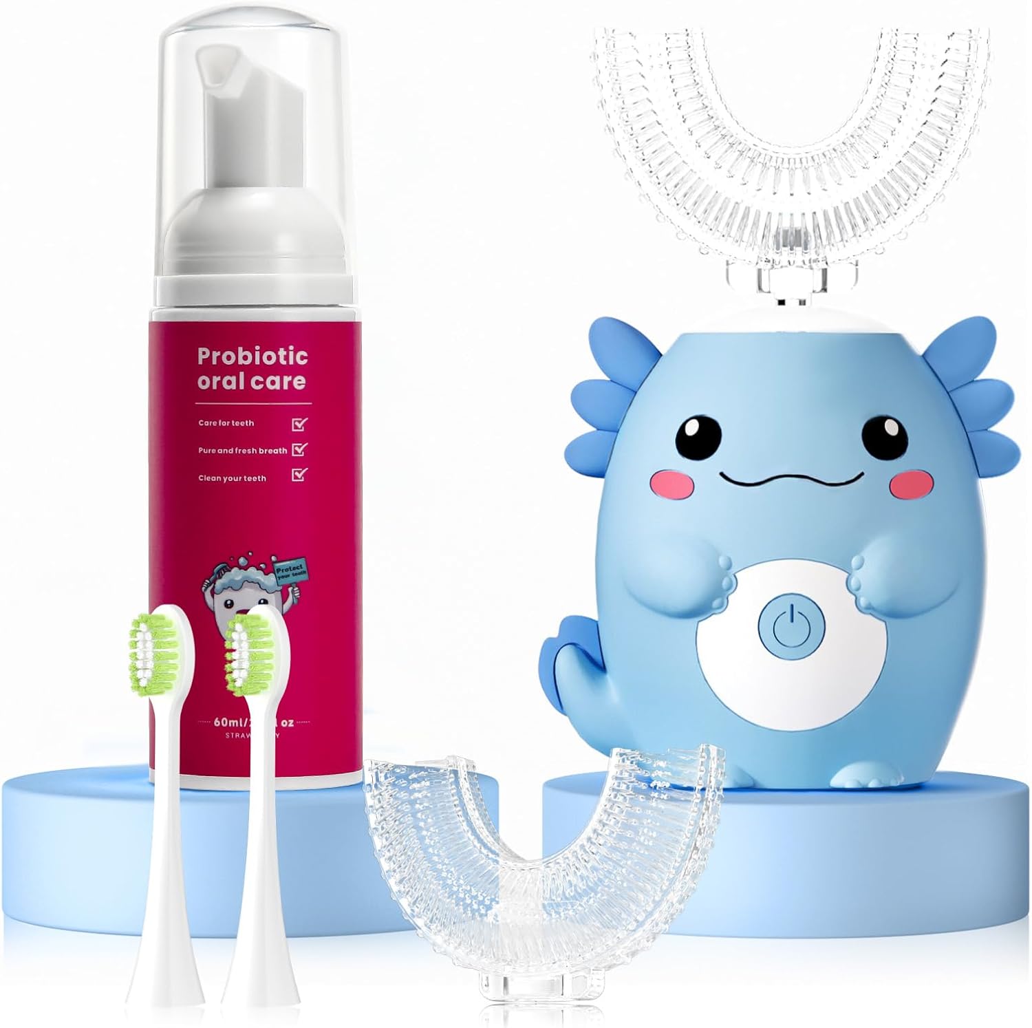 Kids Electric U Shaped Toothbrush,Kids Axolotl Sonic Full Mouth Toothbrush with 4 Soft Brush Head Automatic 6 Cleaning Modes IPX7 Waterproof 360 Degree Cleaning - Age2-15 Blue
