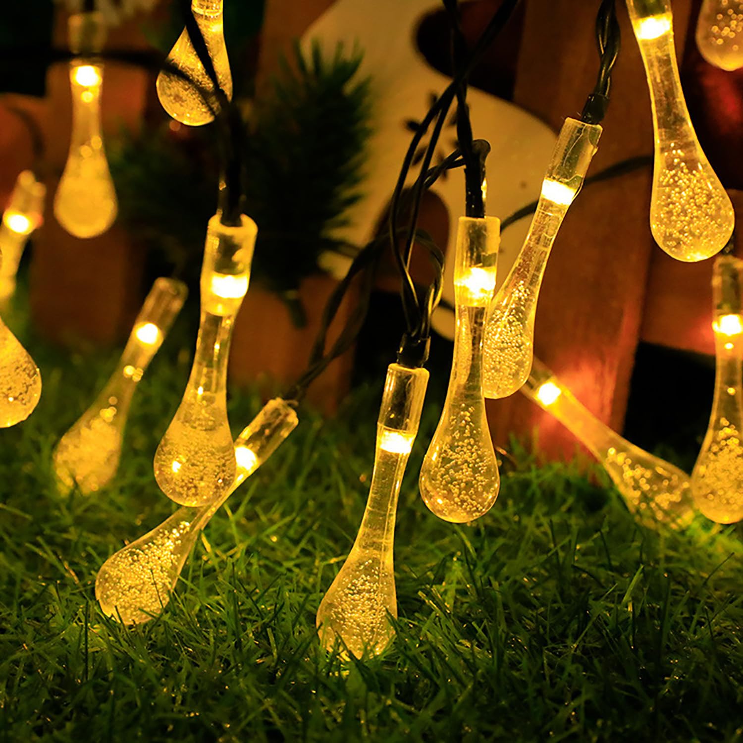 KINGCOO Solar Waterdrop String Lights Waterproof,4.8M 20LED Teardrop Solar Raindrop Fairy Decorative Light 8Mode for Outdoor Tent Garden Lawn Yard Wedding Party Christmas Tree Decoration (Warm White) — image 1