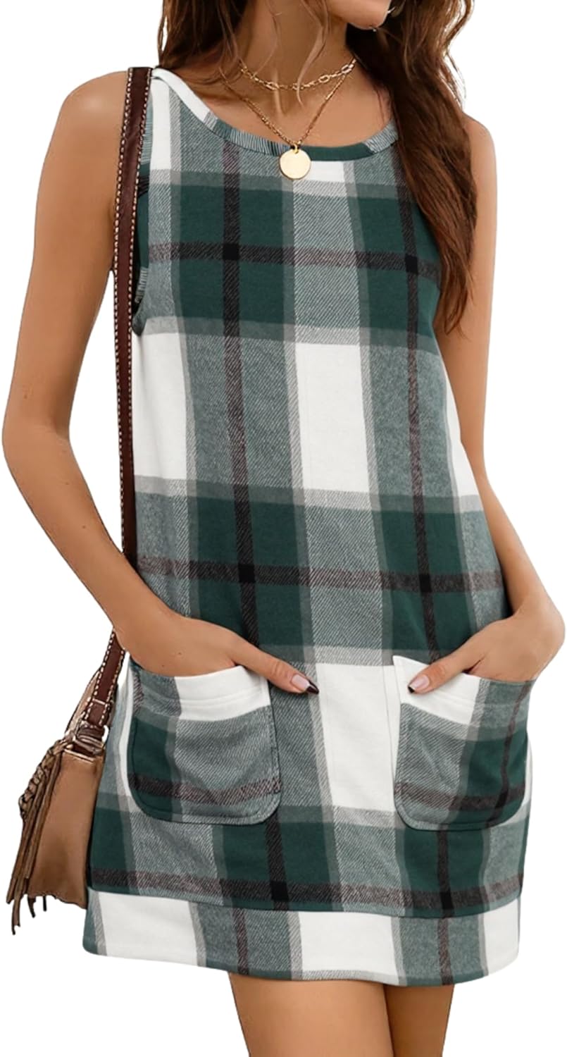 Hooever Plaid Overall Dress for Women Round Neck A Line Skirtall Jumper Mini Dress Pinafore with Pockets