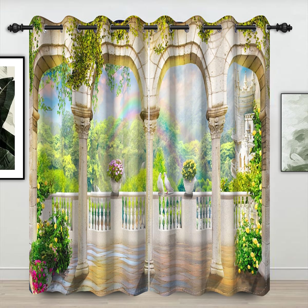 Umpoo Vintage Garden Window Curtains Fairy Tale Castle Balcony Stone Pillars Magic Wonderland Window Drapes 2 Panel Set for Kids Girls Room Nursery Bedroom Window Treatments Fabric, 52x96 Inch