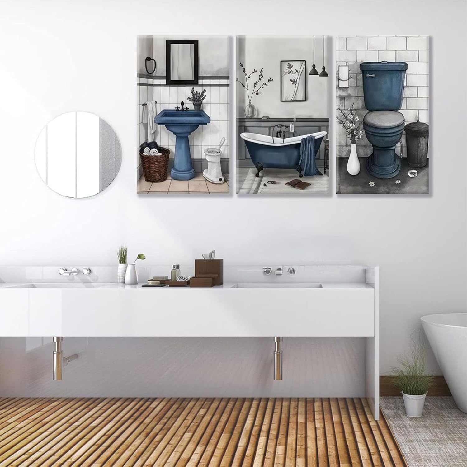 Navy Blue Bathroom Canvas Wall Art Rustic Blue Bathroom Painting Pictures Wall Decor Fun Blue Bathtub and Toilet Poster Printing Artwork for Washroom Restroom Home Decoration