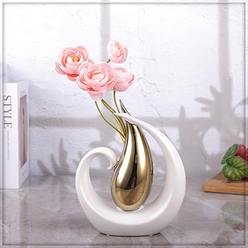 Miniatura 5 de Jarrón de cerámica, decorativo moderno, dorado y blanco, decoración central de mesa de comedor