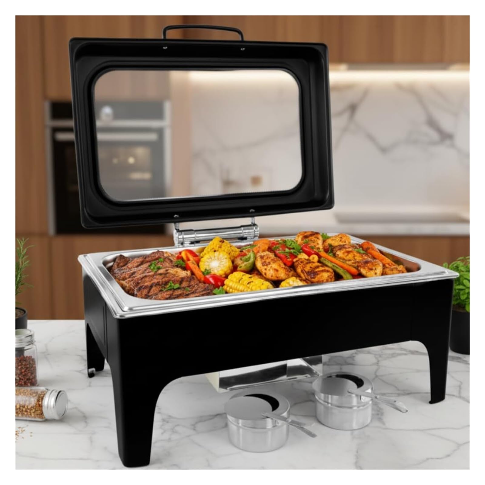Scaldavivande neri rettangolari in acciaio inossidabile Cucina a buffet | Buffet for Feste con Coperchio Idraulico Trasparente, Scalda Buffet
