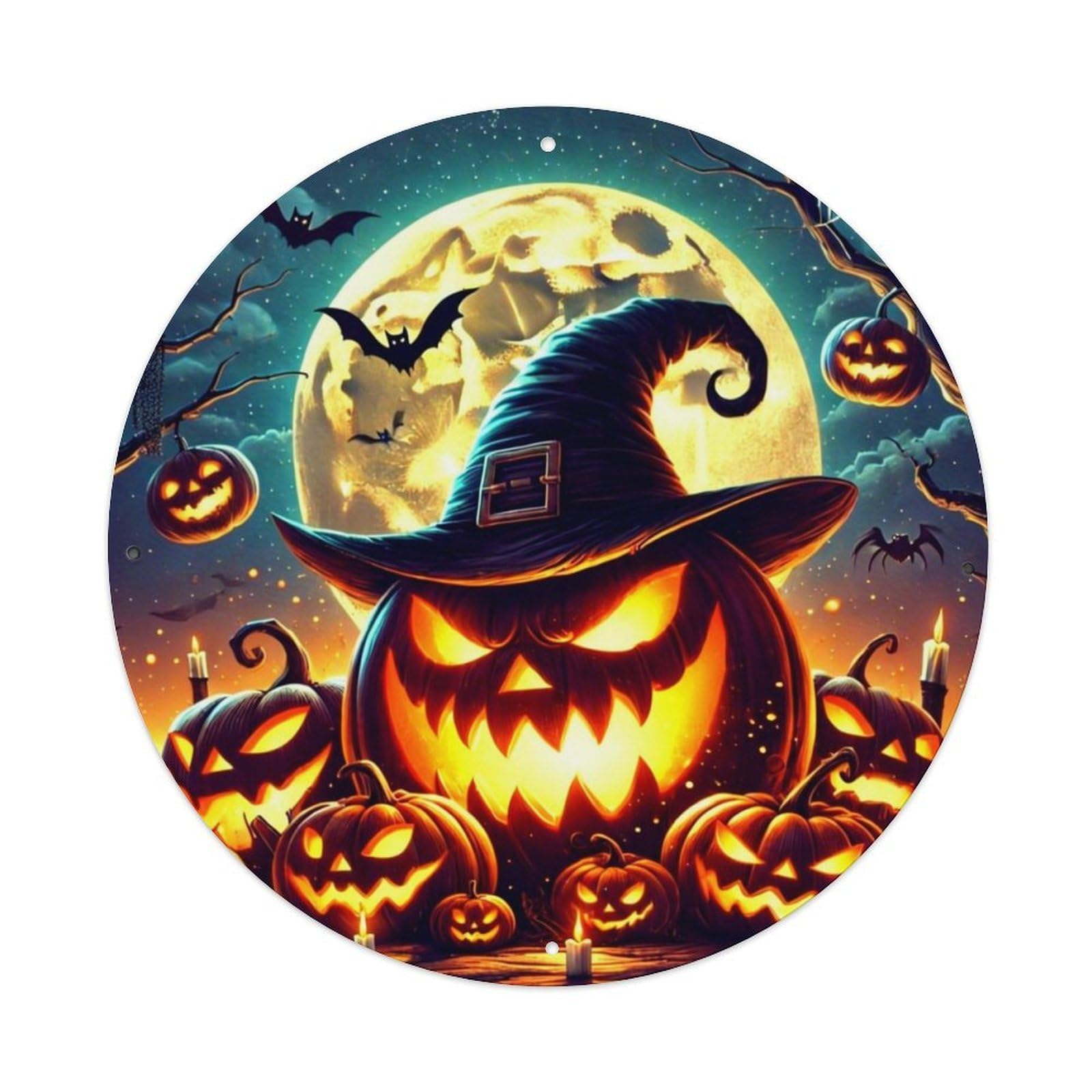 Glowing Witch Hat Pumpkin Scene Vintage Metal Tin Sign Retro Wall Decor for Home Bar Garage Cafe, Indoor & Outdoor Decorative，circle Metal Poster, 8x8 Inch