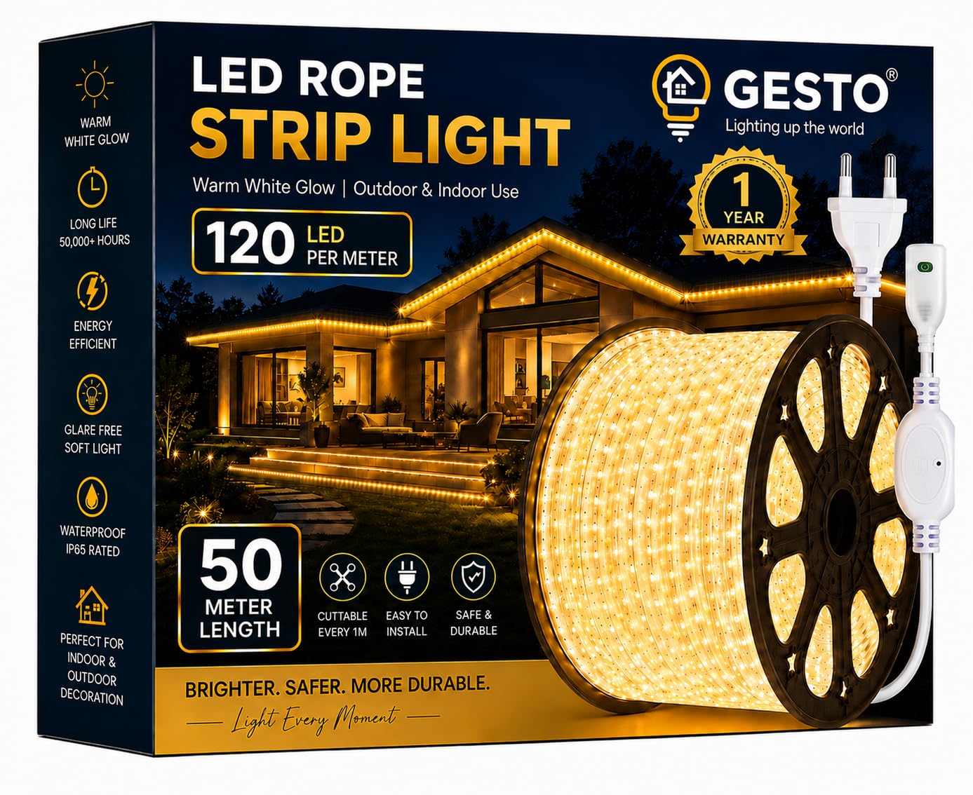 Gesto 50 Meter Warm White LED Rope Strip Light | 120 LEDs/Mtr IP65 Waterproof Indoor & Outdoor Lights for Balcony, Home