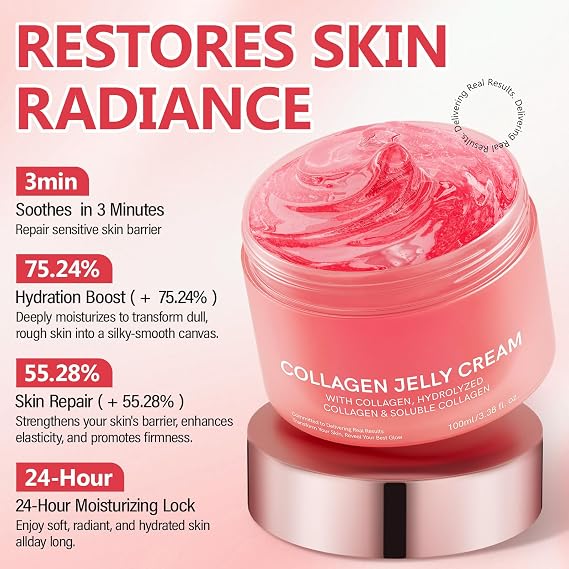 Collagen Jelly Cream- Freeze-Dried Hydrolyzed Collagen - Elasticity & Hydration, Reduce Fine Lines & Dullness -No artificial color- Day and Night,Best Facial Moisturizer For All Skin Types(3.38 fl.oz)