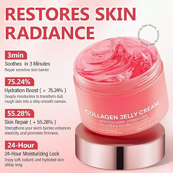 Collagen Jelly Cream- Freeze-Dried Hydrolyzed Collagen - Elasticity & Hydration, Reduce Fine Lines & Dullness -No artificial color- Day and Night,Best Facial Moisturizer For All Skin Types(3.38 fl.oz)