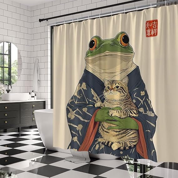 Funny Frog Cat Shower Curtain, Retro Japanese Style, 70 x 70 | Vintage Asian Wildlife, Abstract Art, Fabric Bathroom Decor Curtains with Hooks