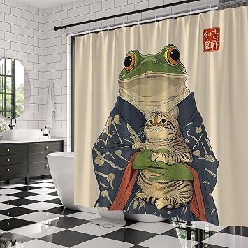 Funny Frog Cat Shower Curtain, Retro Japanese Style, 70 x 70 | Vintage Asian Wildlife, Abstract Art, Fabric Bathroom Decor Curtains with Hooks