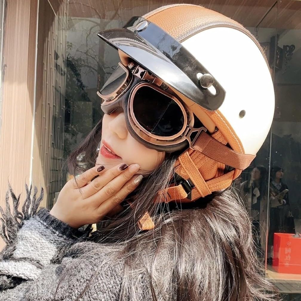 Vintage Deutsche Motorrad Halbhelme mit ECE Genehmigt, Leder Offenem Helm Jet-Helm mit Schutzbrille, Bike Cruiser Chopper Moped Scooter Roller Helm Brain-Cap für Männer Und Frauen