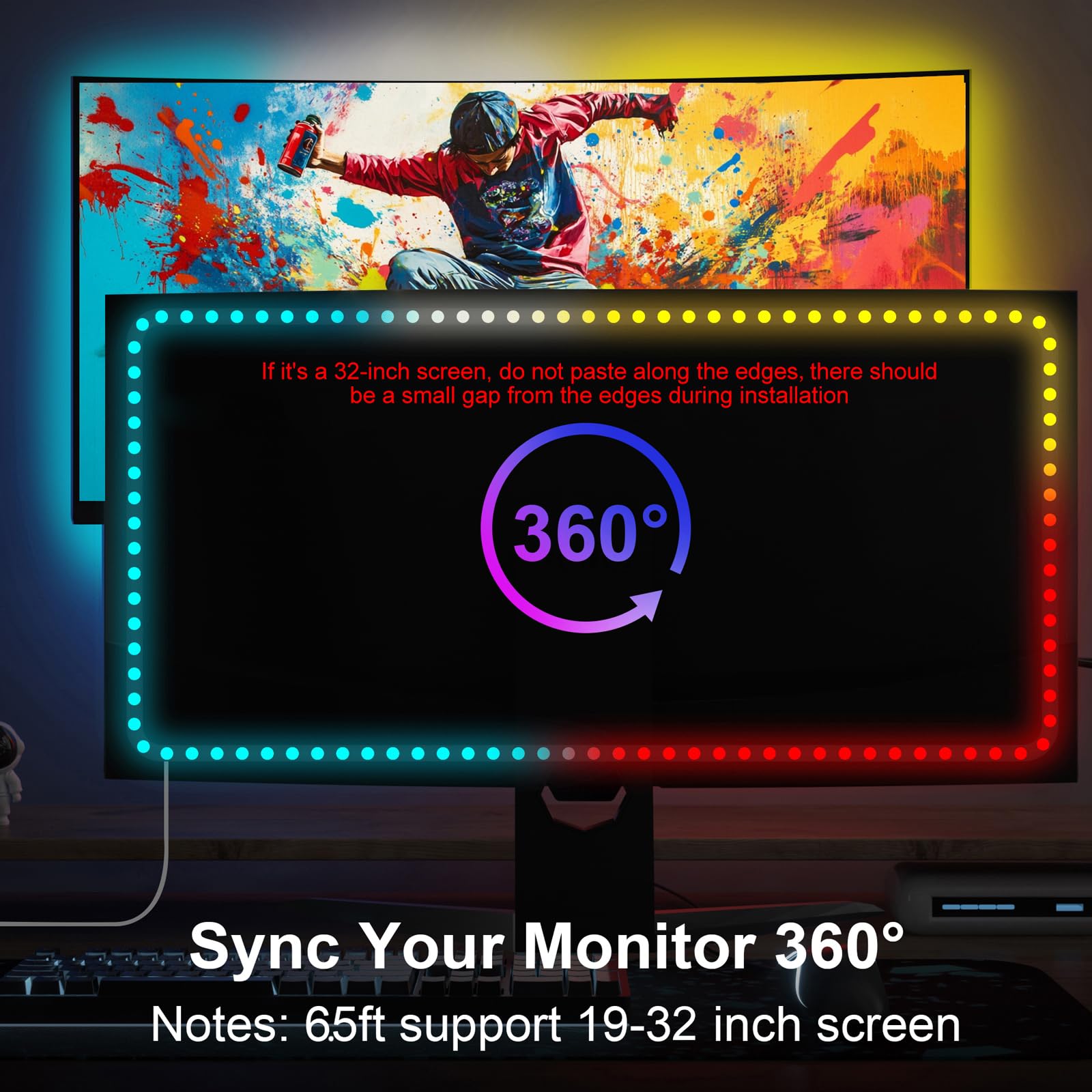 Luz de retroiluminación para juegos, software mejorado a juego de color de 6.5 pies, tira de luces LED sincronizada con visualización de 19-34 pulgadas para PC ganador, iluminación