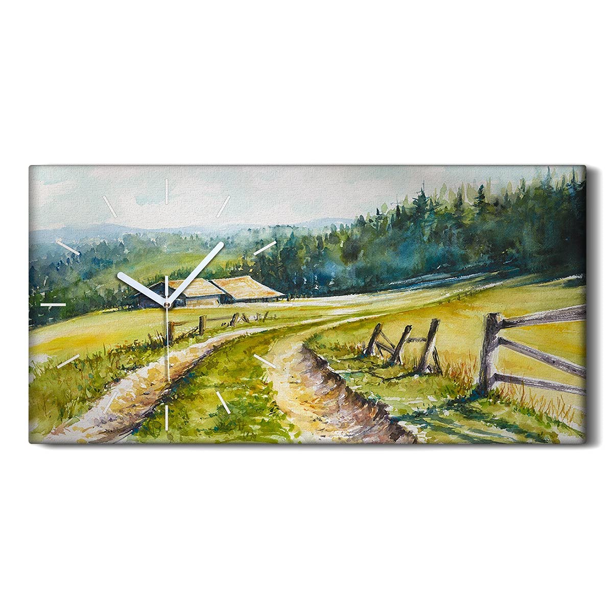 Horloge sur Toile 60x30cm Décoration Art Mural Salon Chambre Image Moderne Paysage Vert Pré