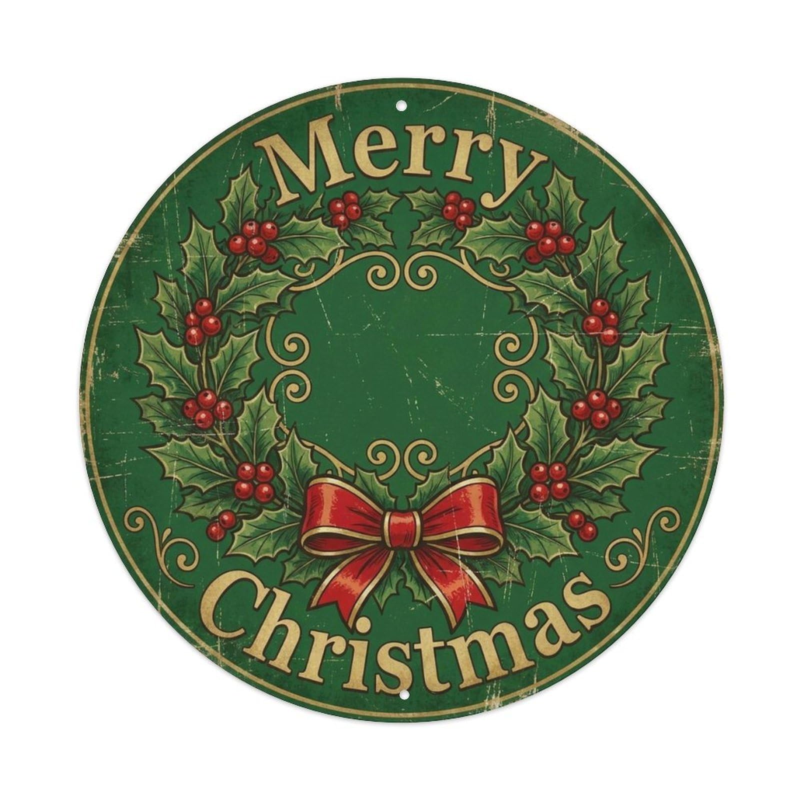 Merry Christmas Festive Wreath Holly Metal Tin Sign