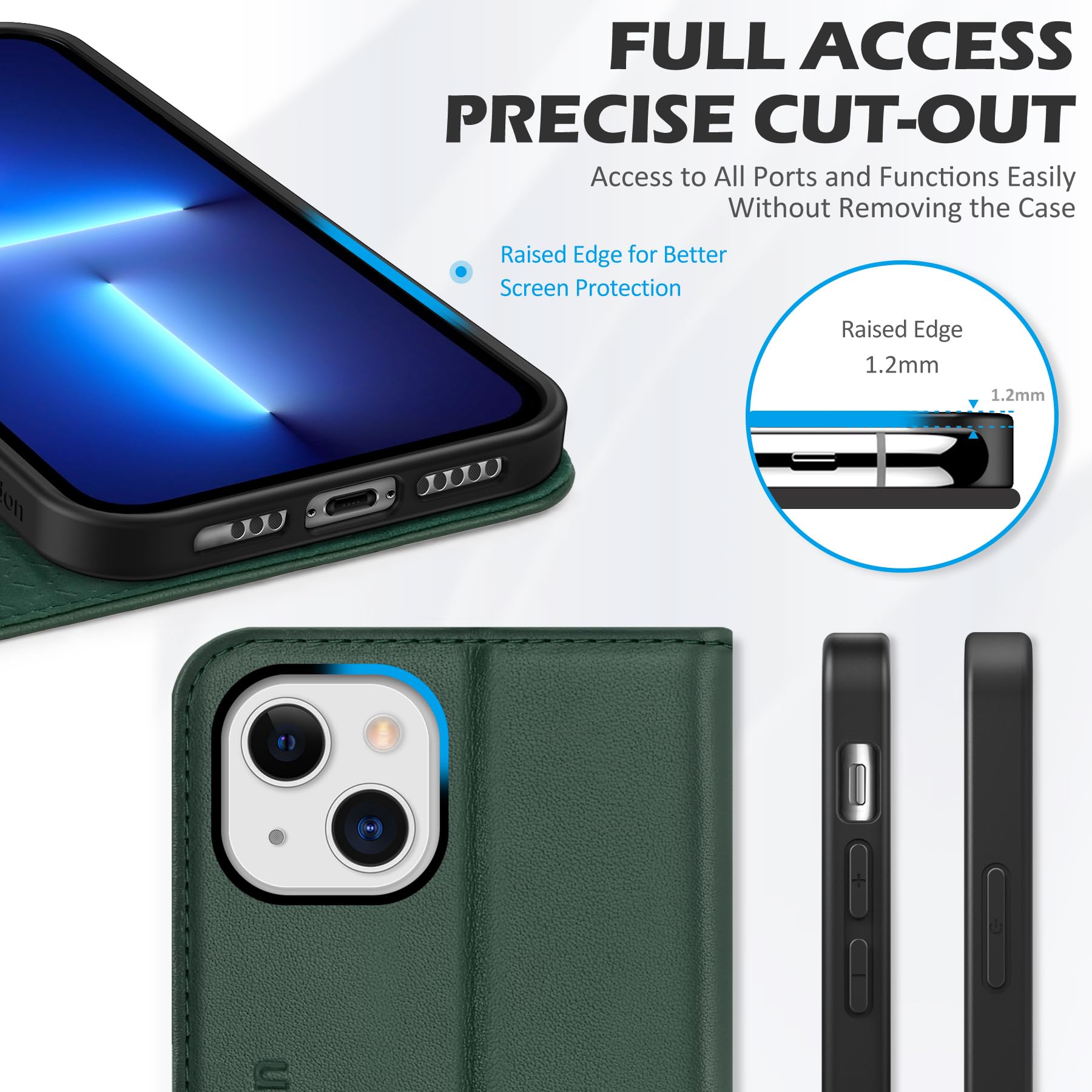 SHIELDON Etui Portfel do iPhone 13 6,1", Zielony | Prawdziwej Skóry, Etui na Karty, Blokada RFID, Podpórka, Zapięcie Magnetyczne, Etui z Klapką Odporną na Wstrząsy