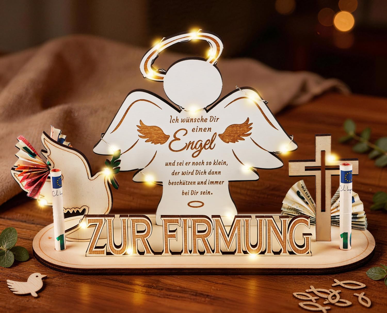 Giftota Geldgeschenk Firmung Holz mit LED Lichterkette, Kreative Firmung Geschenke für Mädchen Jungen, Schutzengel Deko Geschenk