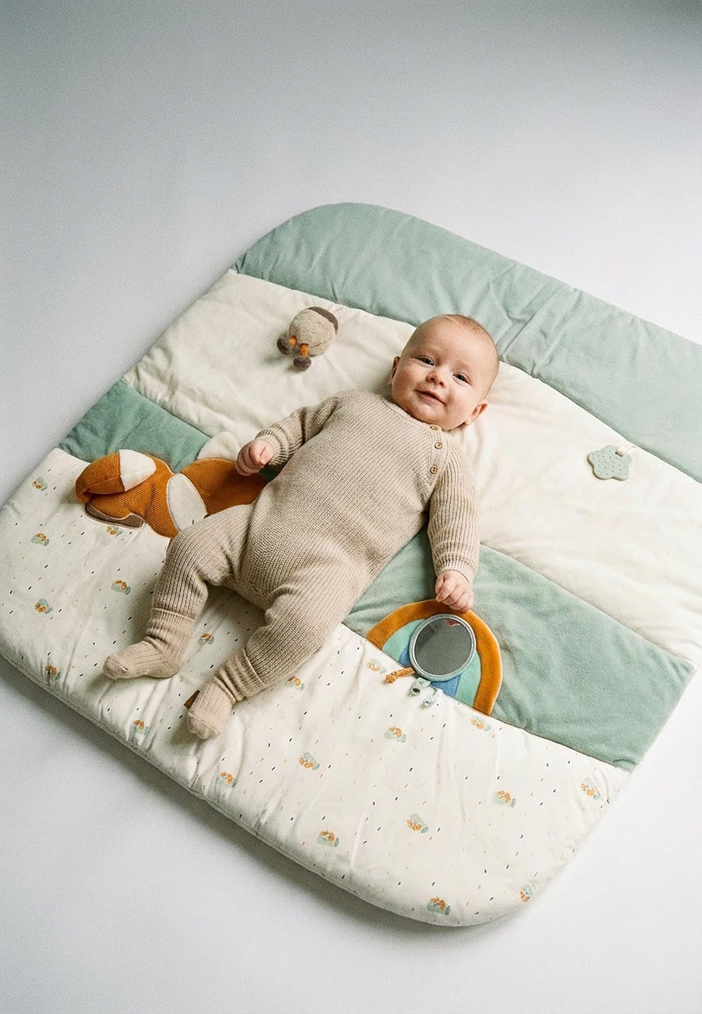 Sterntaler Spieldecke Fuchs Filou - 100x100cm - wattierte Baby Activity Decke mit Spiegelfolie, Quietsche, Rassel & Beißring - Krabbeldecke waschbar - Geschenk Idee - Jungen & Mädchen, lichtgrau