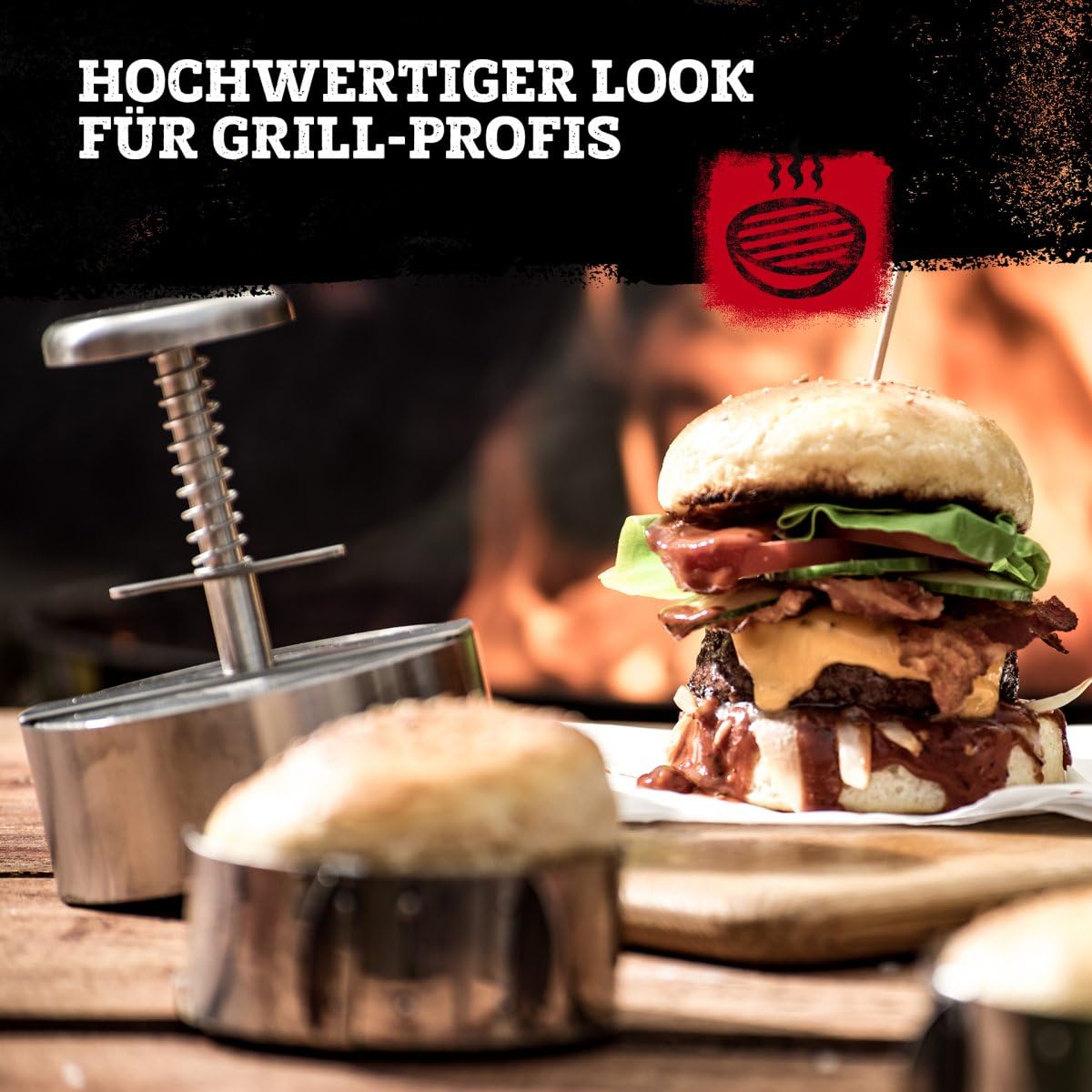 FMProfessional Burgerpresse für leckere Hamburger by Fackelmann – Hamburgerpresse mit 100g - 400g Patty – Presse aus Edelstahl für schmackhafte Burger | Hamburgerpresse mit Skala von 100 bis 400 Gramm, Handlicher Griff mit praktischer Halterung, Reinigung