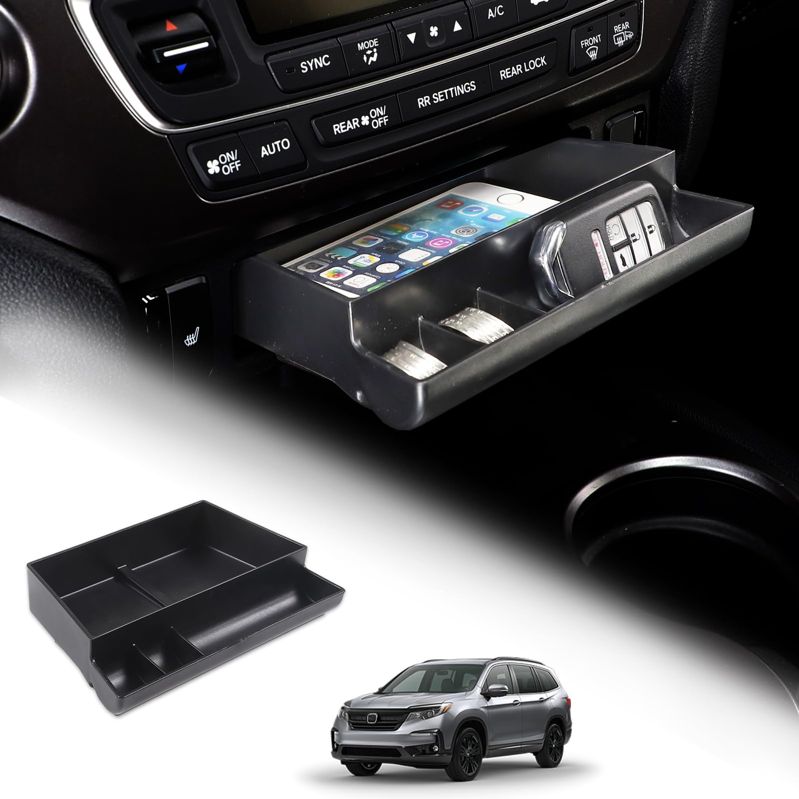 Tumukiw Center Console Organizer Tray Center Drawer Storage Box Suitable for Honda Pilot 2015-2022 Ridgeline 2017-2023 Customized Hidden Drawer Storage Box Car AC Under Panel Storage Box