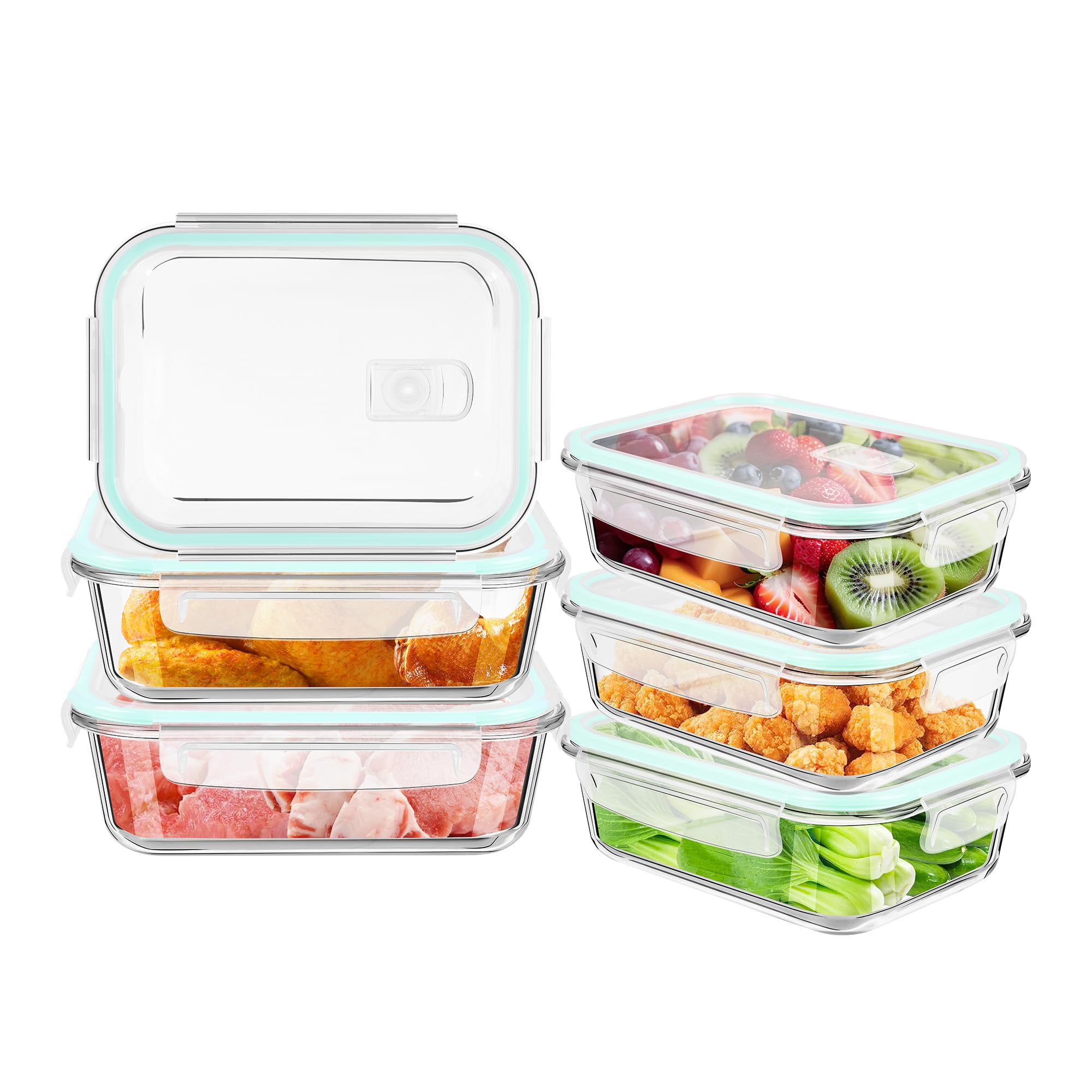 Gcirn Glass Food Storage Containers with Lids of 1040ML*6, BPA-Free Meal Prep Containers,Lunch Box，Food Containers with Blue Lids