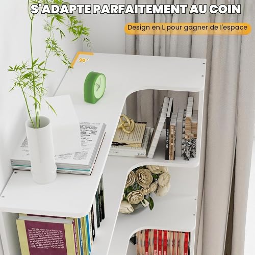 OXFENSEE Bibliotheque Angle,Etagère d'angle à 5 étages, en Bois, Hauteur : 169 cm, Grande Etagere Ouverte, Style Moderne Meuble de Rangement pour Salon, Etudier,Chambre, Blanc - 4