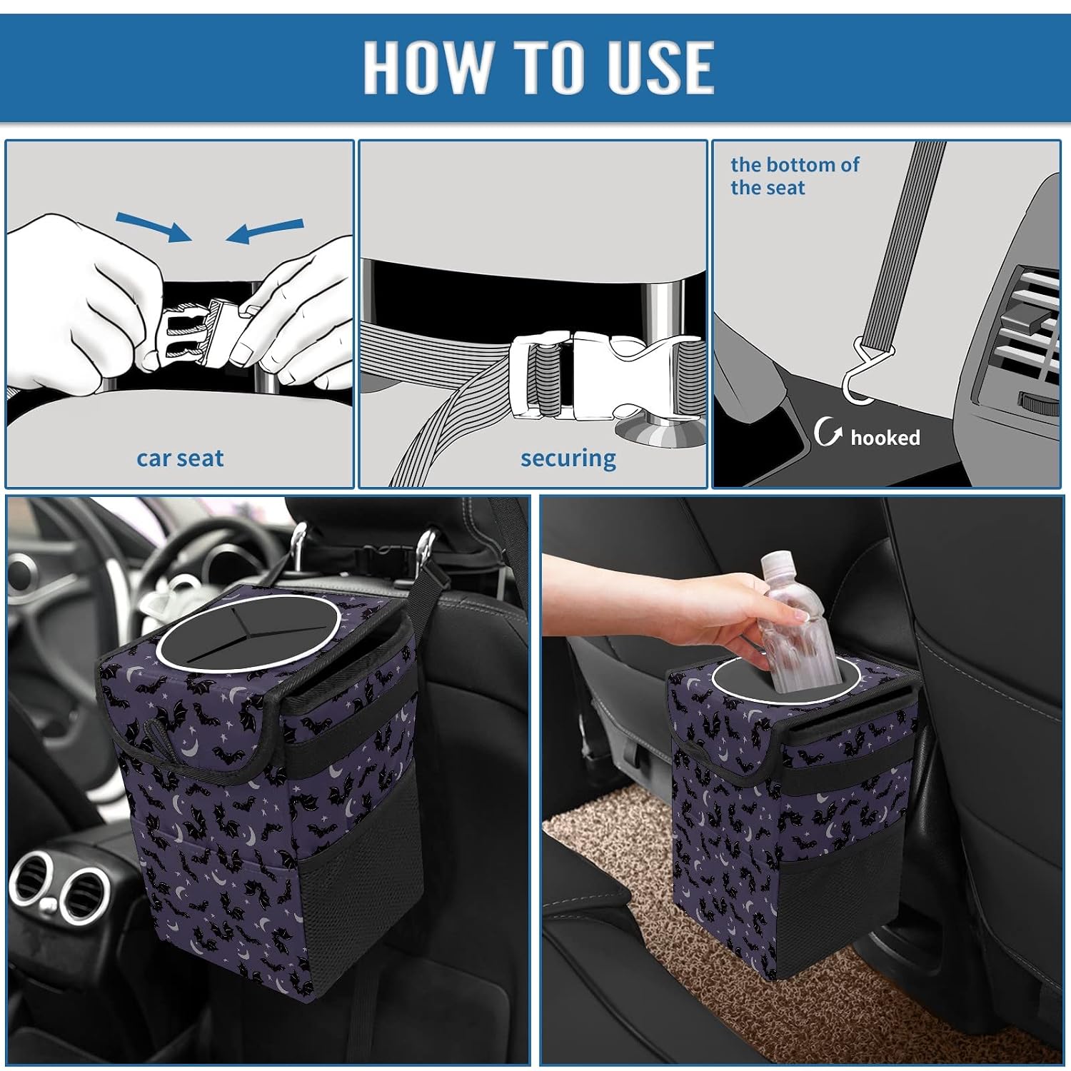 Spooky Holloween Bats Car Trash Can with Lid Collapsible Reusable Waterproof Car Garage Bag,Automotive Garbage Can,Car Accessories Interior Car Organizer