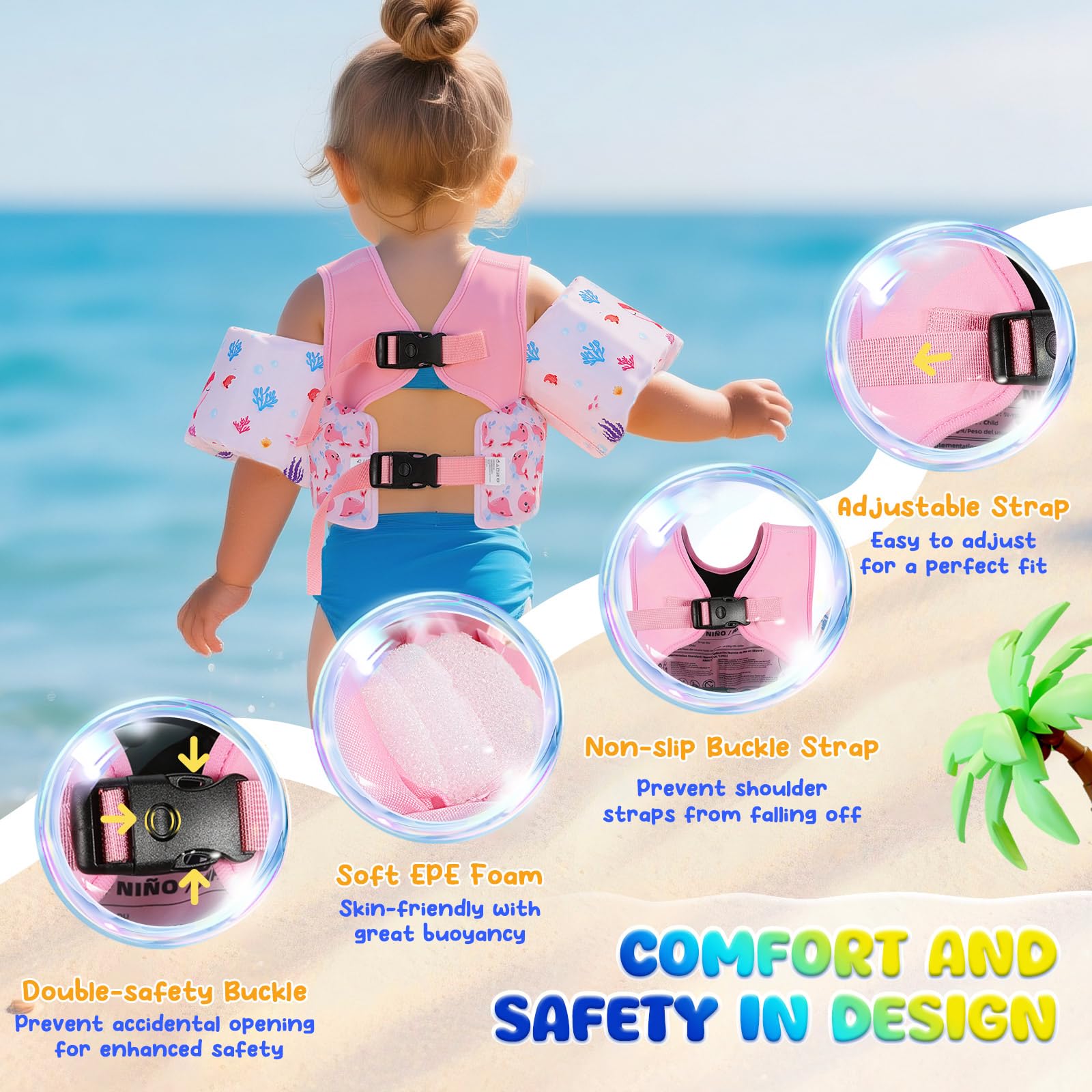 MoKo Kleinkind Schwimmflügel für Kinder,Schwimmflügel Jungen und Mädchen Cartoon Trainingsweste mit Schrittgurt, Pool Schwimmjacke Schulterriemen Wasserflügel