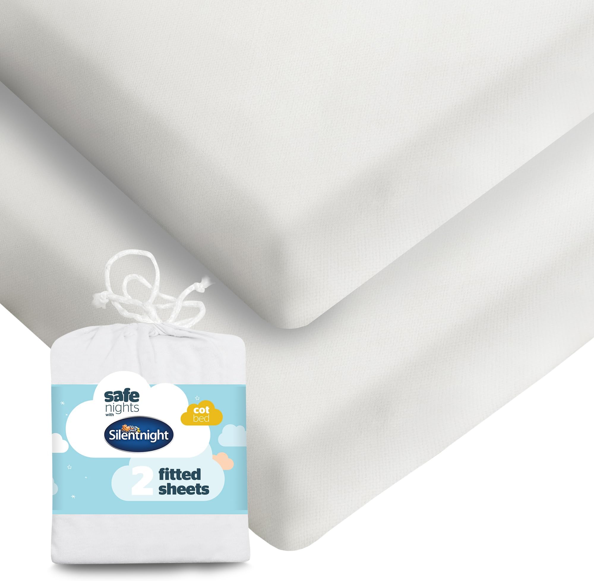 Silentnight Safe Nights Fitted Sheet - Cot Bed Mattress - Breathable 100% Cotton Jersey - Super Soft Kind to Baby Skin - 140x70cm - Secure Fit with Elasticated Corners - 2 Pack, White
