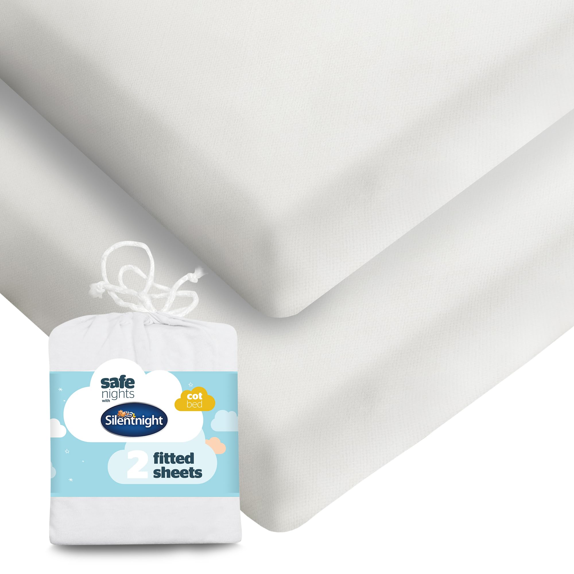 Silentnight Safe Nights Fitted Sheet - Cot Bed Mattress - Breathable 100% Cotton Jersey - Super Soft Kind to Baby Skin - 140x70cm - Secure Fit with Elasticated Corners - 2 Pack, White