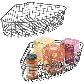 Amazon Com Mdesign Farmhouse Metal Kitchen Cabinet Lazy Susan Storage Organizer Basket With Front Handle Medium Pie Shaped 1 4 Wedge Container 2 Pack Graphite Gray Kitchen Dining
