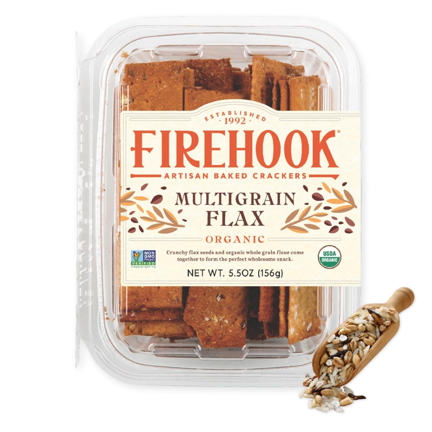 Firehook Multigrain Flax Crackers – Artisan Baked, Uniquely Crunchy & Hearty, Made with Whole Grains & Flax Seeds – Organic, Non-GMO, Kosher – 5.5 oz Box