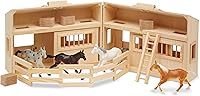 Vista 4 de Melissa & Doug Casa de muñecas de madera Fold and Go con establo de caballos con asa y caballos de juguete (11 piezas)