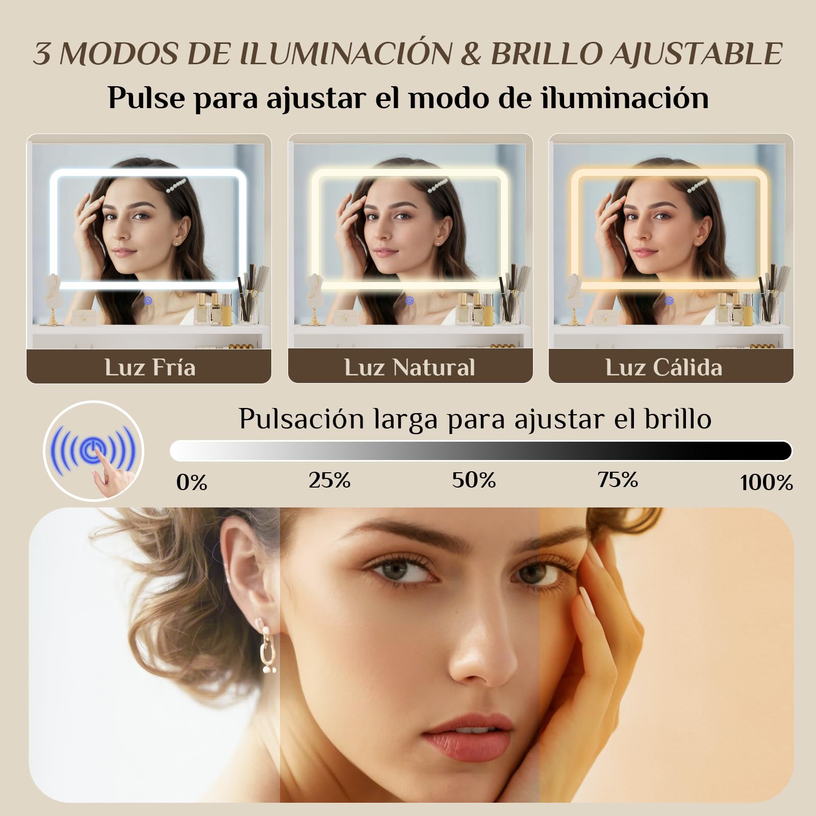Devoko Tocador de Maquillaje con Taburete y Luces LED, Brillo Ajustable, Mesa de Maquillaje con Grande Espejo y 3 Estante Abierto, 2 Cajones y Armario Lateral, Moderno para Dormitorio Blanco