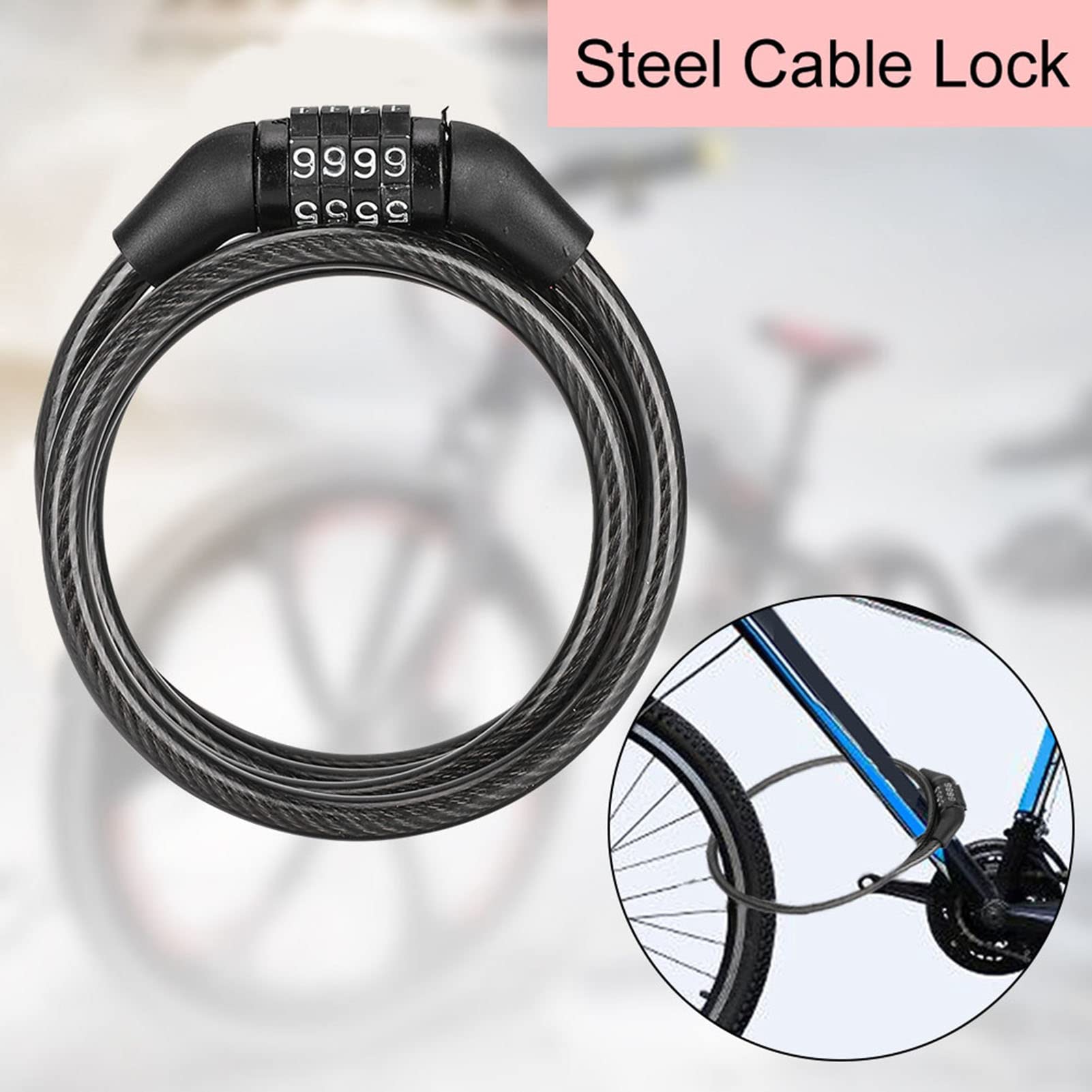 Leapiture 4 Digit Bicycle Steel Cable Lock Keyless Bicycle Lock Motorcycle Security Cable Lock Bike Security Chain for Cycling Bike Scooter Glass Door
