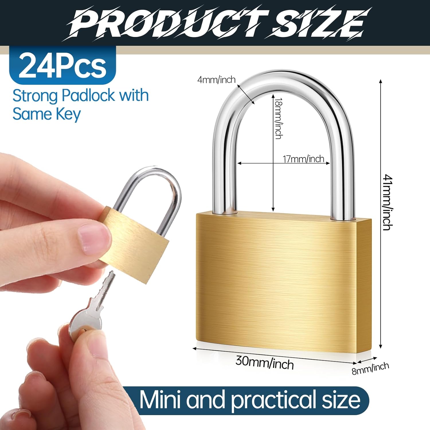 24 Pcs Solid Brass Padlocks Keyed Alike, Locker Locks with Same Keys, Weatherproof Strong, 30mm 1-3/16'' Small Yellow Gym Lock, for Toolbox, Luggage, Storage Unit, Backpacks
