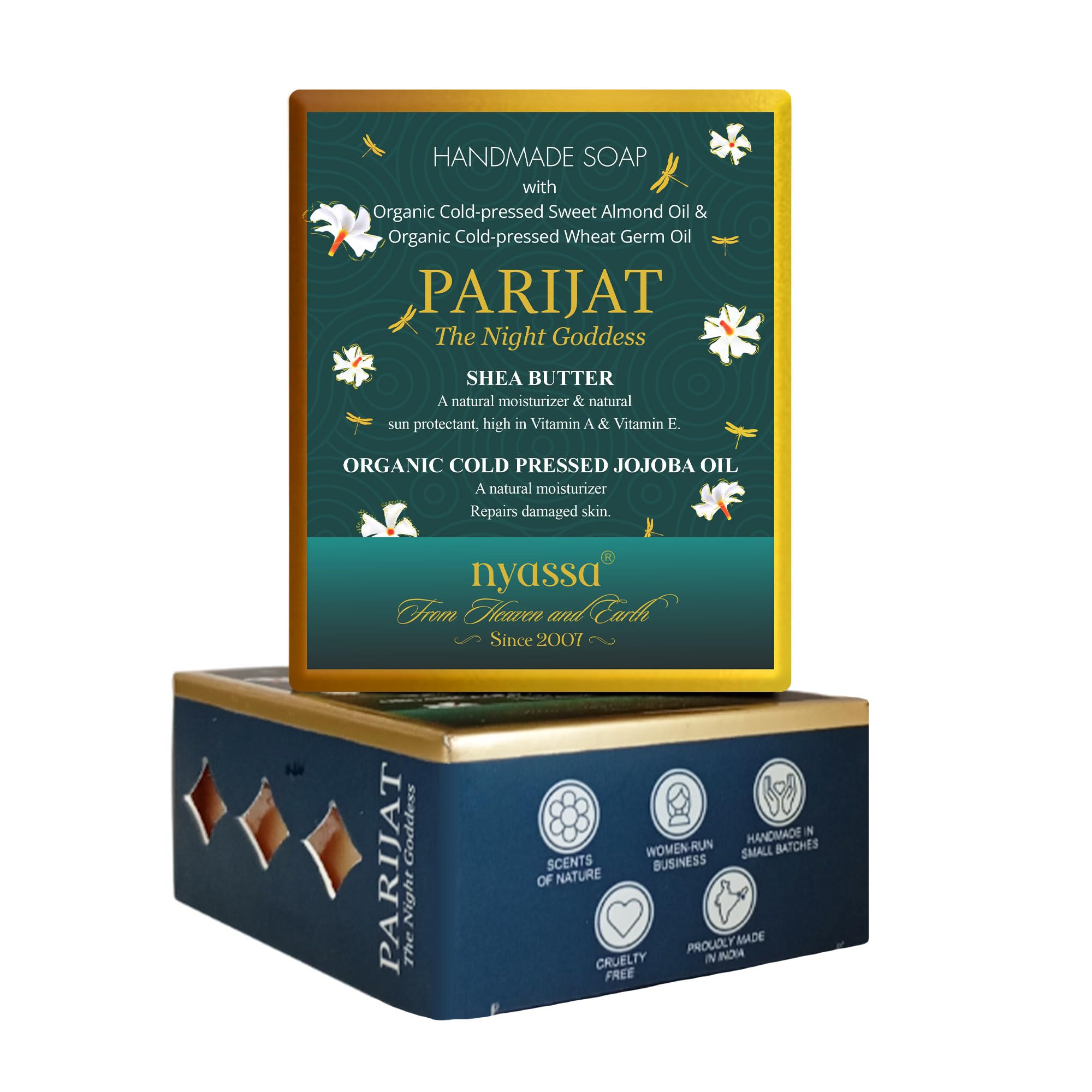 Nyassa Luxurious Parijat Handmade Natural Bathing Soap | Shea Butter & Jojoba Oil | Jasmine & Parijat Fragrance | All Skin Type 150gm